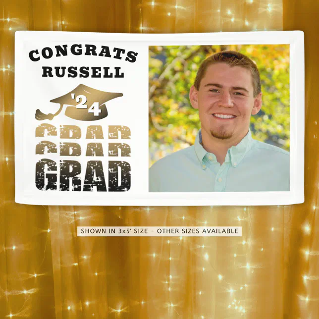 Congrats Grad Black Gold Typography Photo Banner | Zazzle