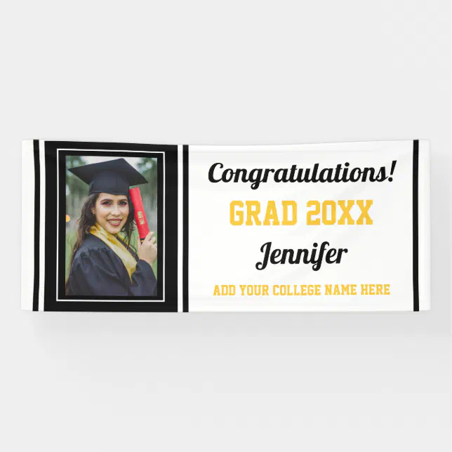 Congrats Grad Black Gold White Photo Graduation Banner | Zazzle
