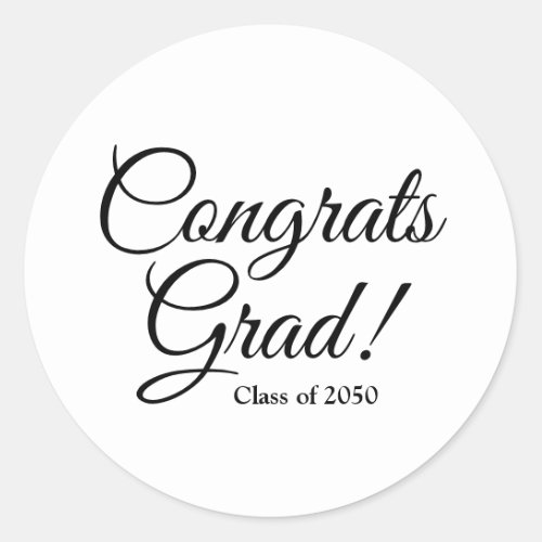 Congrats grad black white custom script class year classic round sticker