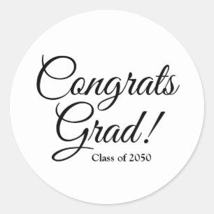 Congrats grad black white custom script class year classic round sticker