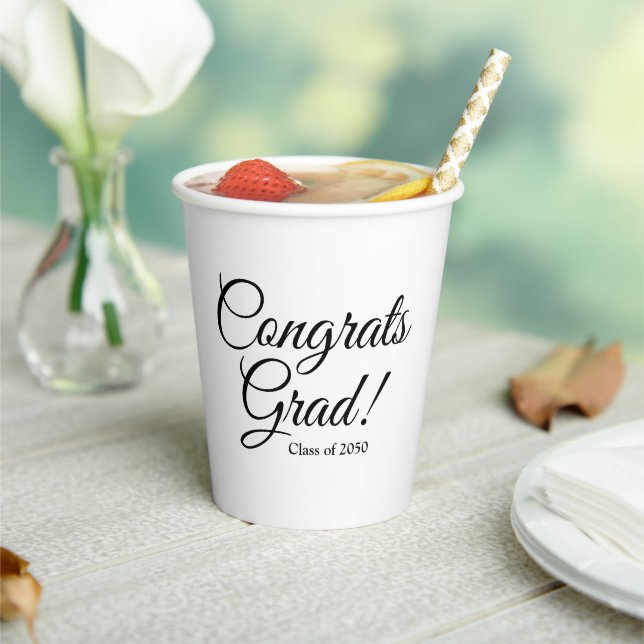 Congrats grad black white custom script class year paper cups (Insitu)