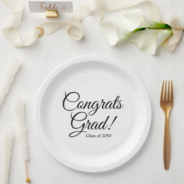 Congrats grad black white custom script class year paper plates (Wedding)