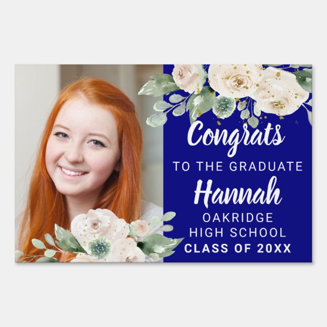 Congrats Grad Blue and White Rose Floral Photo Sign (Front)