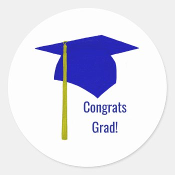 Congrats Grad Blue Cap Yellow Tassel Graduation Classic Round Sticker by Cherylsart at Zazzle