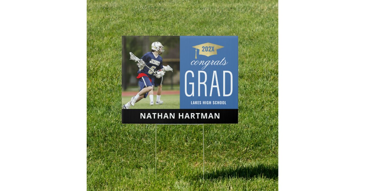 Congrats Grad Blue & Gold Graduation Sign | Zazzle