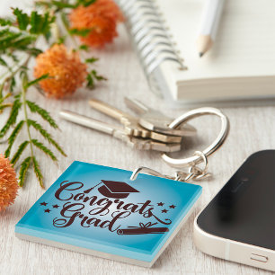 Congrats Grad Blue Graduation Celebration Keychain