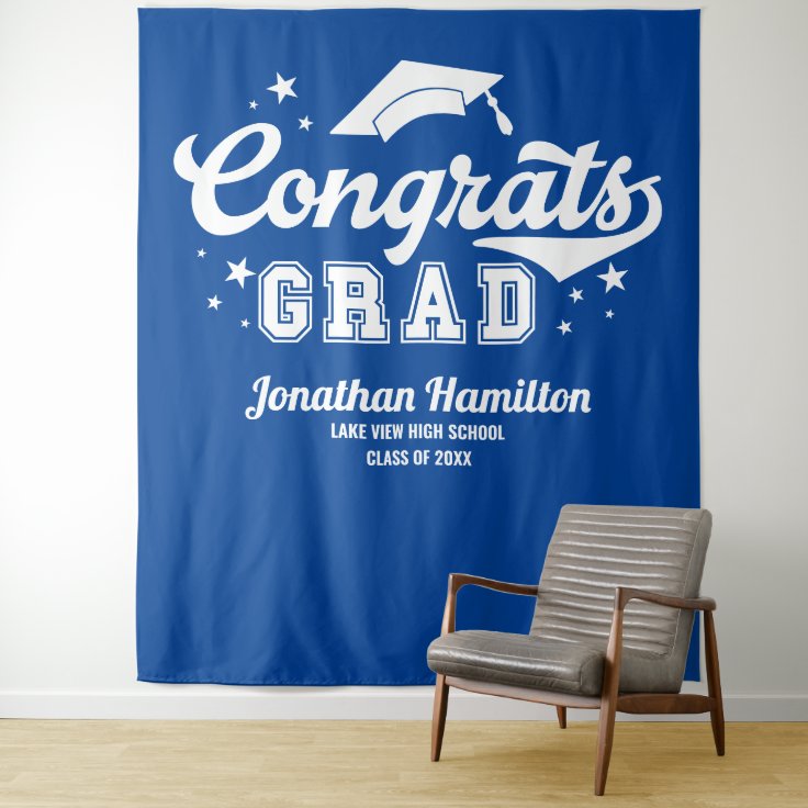 Congrats Grad Blue Graduation Party Backdrop | Zazzle