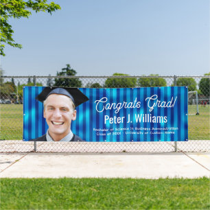 Congrats Grad Blue Lines Pattern Men Custom Photo Banner
