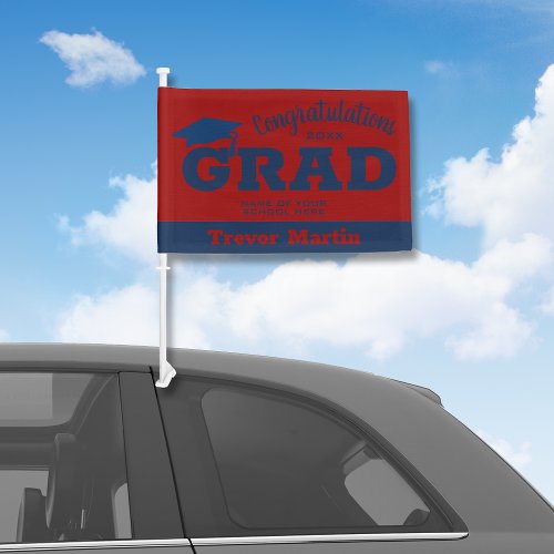 Congrats Grad Blue on Dark Red Graduation Car Flag