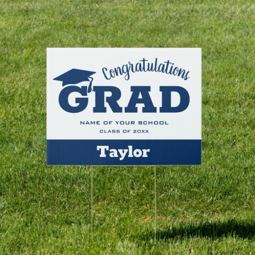Congrats Grad Blue on White Graduation Yard Sign