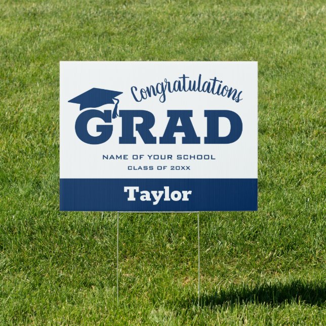 Congrats Grad Blue on White Graduation Yard Sign (Insitu)