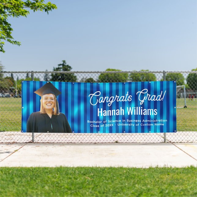 Congrats Grad Blue Stripes Pattern Custom Photo Banner (Insitu)