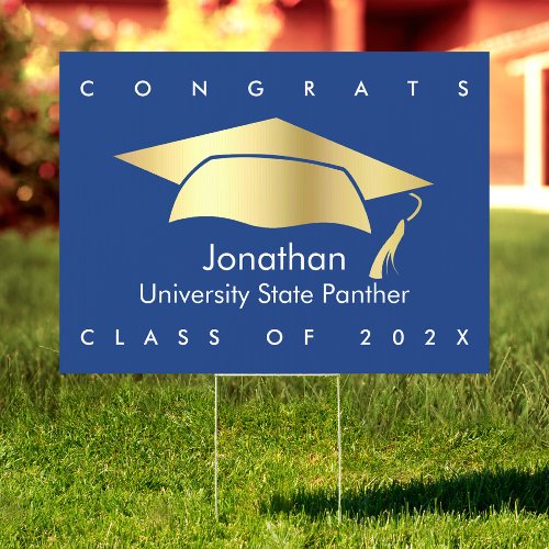 Congrats Grad Bold Blue Gold Foil Graduation Yard Sign