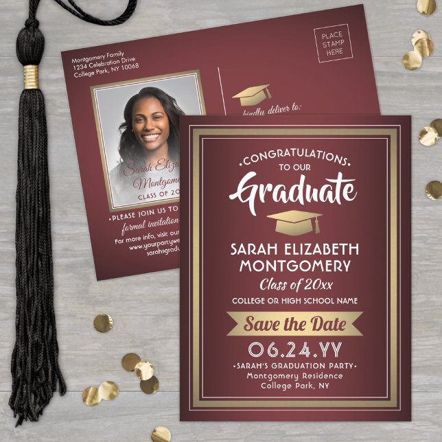 Congrats Grad Burgundy & Gold Save the Date Photo Announcement Postcard (Creator Uploaded)
