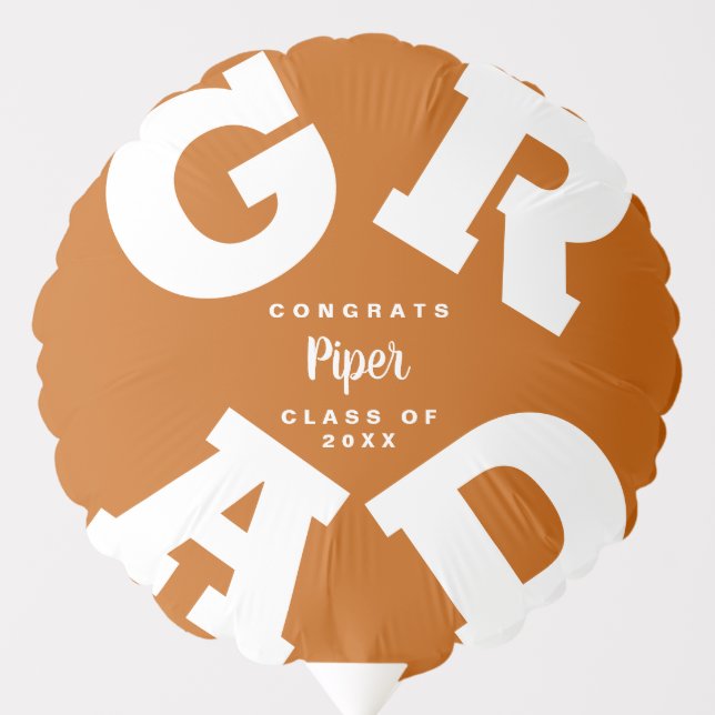 Congrats GRAD Burnt Orange White Custom Party Balloon (Front)