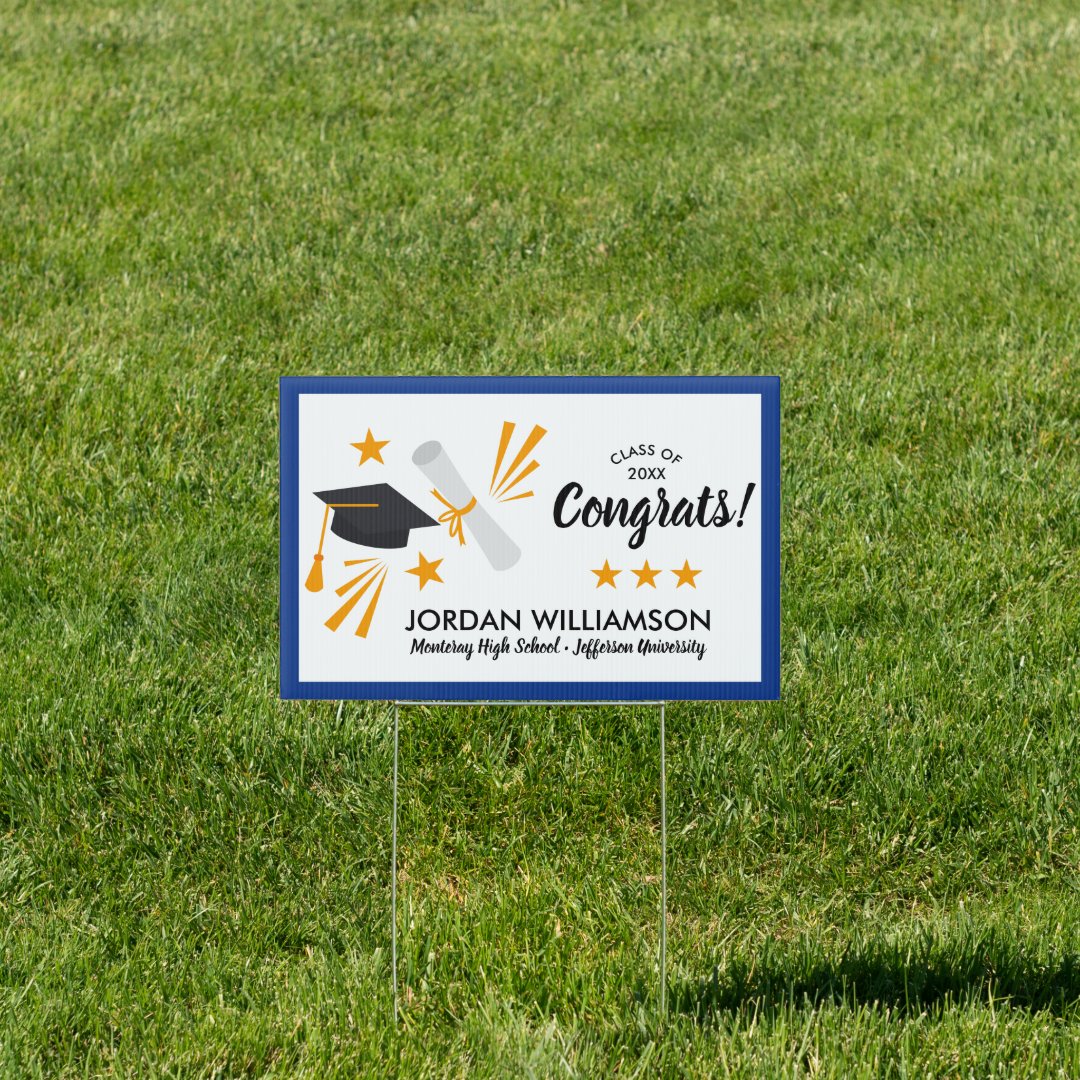 Congrats Grad Cap Diploma Blue Graduation Party Sign | Zazzle