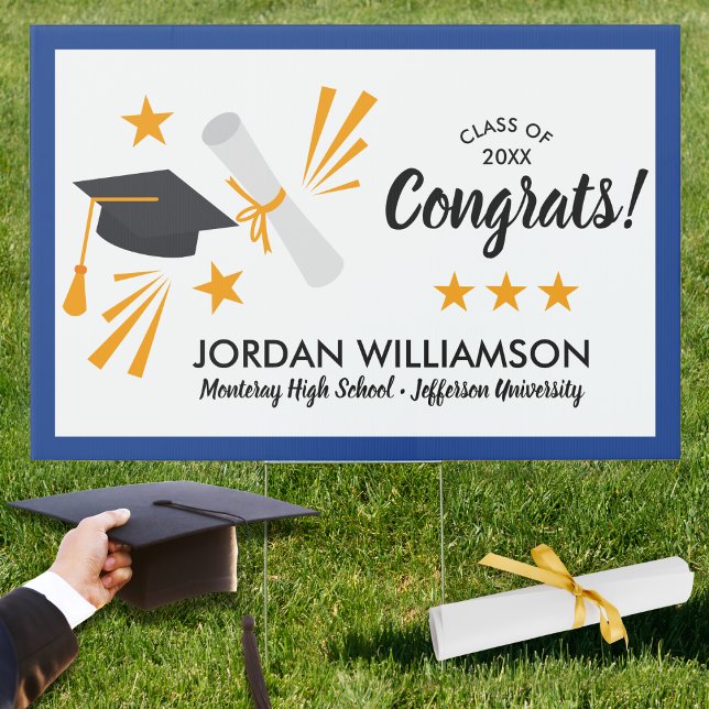 Congrats Grad Cap Diploma Blue Graduation Party Sign (Creator Uploaded)
