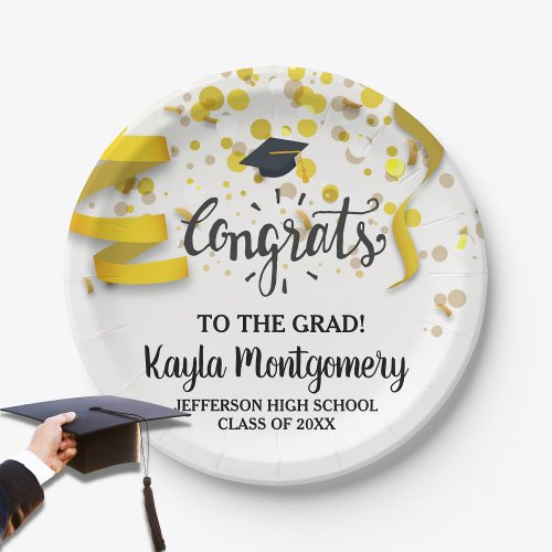 Congrats Grad Cap Gold Confetti Streamers Custom Paper Plates