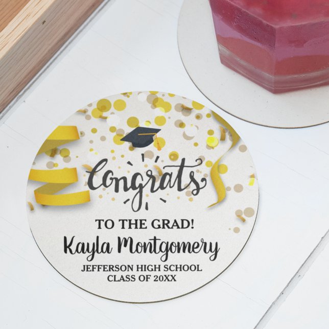 Congrats Grad Cap Gold Confetti Streamers Custom Round Paper Coaster (Creator Uploaded)