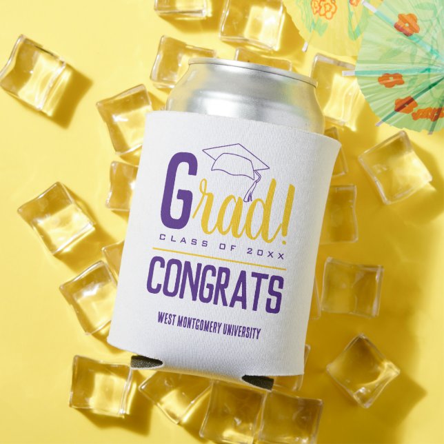 Congrats Grad Cap Purple Yellow Can Cooler (In Situ Summer)