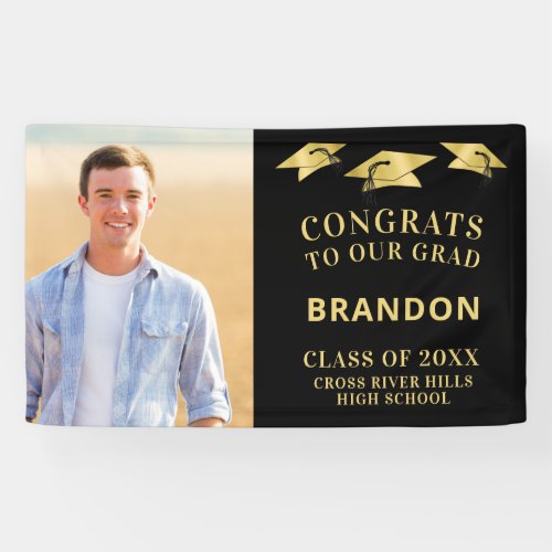 CONGRATS GRAD Cap Toss Photo Black Gold Banner