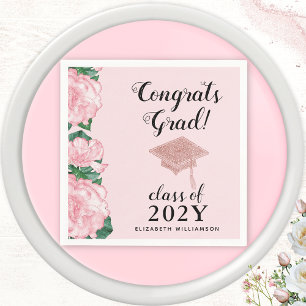 Congrats Grad Class 2025 Floral Pink Graduation Napkins