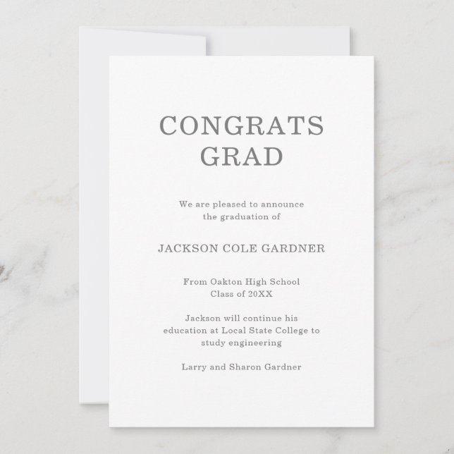 Congrats Grad Classic Gray Non Photo Graduation Announcement (Front)