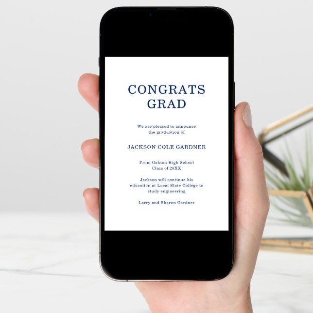 Congrats Grad Classic Navy Blue Graduation Announcement (Front Digital)