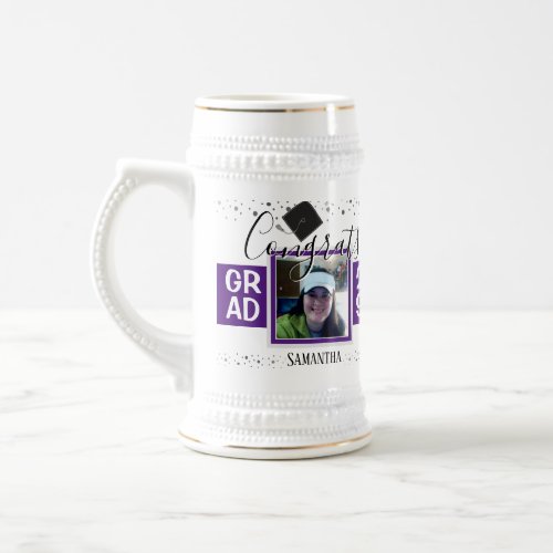 Congrats Grad Confetti Photo and Name Beer Stein