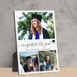 Congrats grad custom 3 photo collage graduation plaque<br><div class="desc">Modern elegant simple black and white trendy handwriting calligraphy script photo grid collage graduation congratulations chic keepsake plaque with three custom photos and your text.                  Personalize it with your pictures and text!</div>