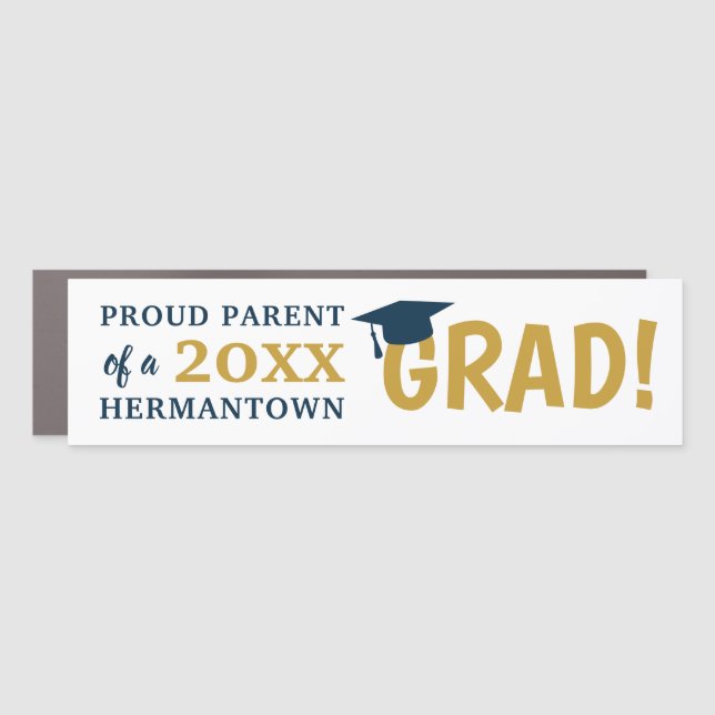 Congrats Grad Custom Bumper Magnet Gold Navy Blue (Front)