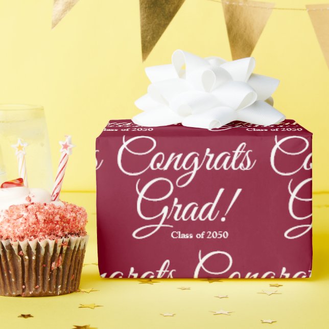 Congrats grad custom class year script burgundy wrapping paper (Birthday Party)