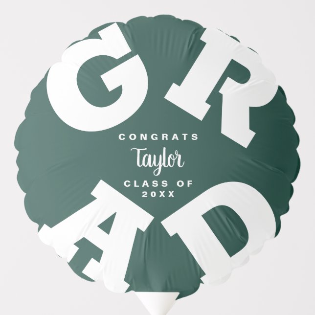 Congrats GRAD Dark Green White Personalized Party Balloon (Front)