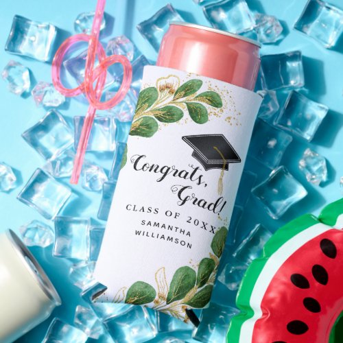 Congrats Grad Elegant Greenery Graduation Party Seltzer Can Cooler