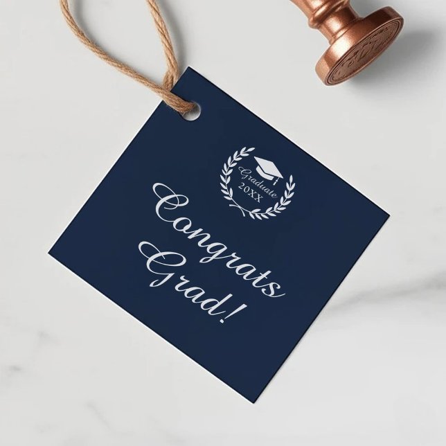 Congrats Grad Elegant Navy Blue Custom Graduation Favor Tags (Creator Uploaded)