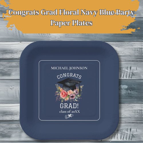 Congrats Grad Floral Navy Blue Party Paper Plates