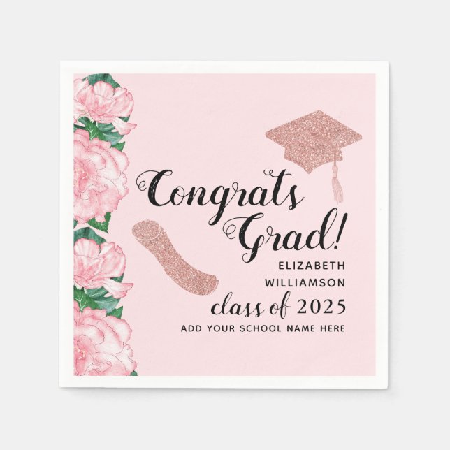Congrats Grad Floral Pink Class 2025 Graduation Napkins (Front)