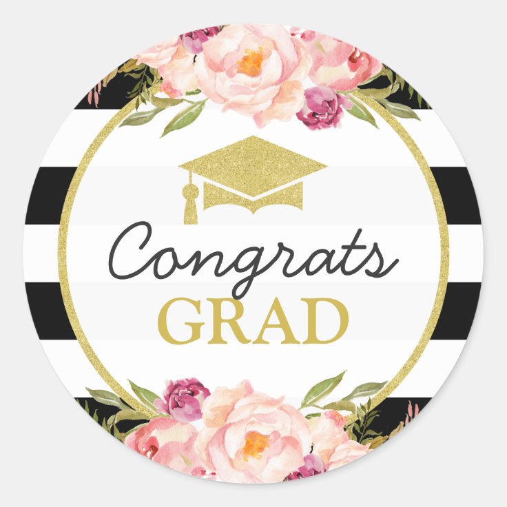 Congrats Grad Floral Stripes Glam Graduation Classic Round Sticker Zazzle 