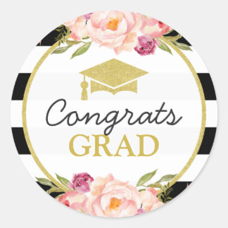 Congrats Grad | Floral Stripes Glam Graduation Classic Round Sticker