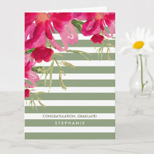 Congrats Grad. Fuchsia Floral Stripe Pattern Card