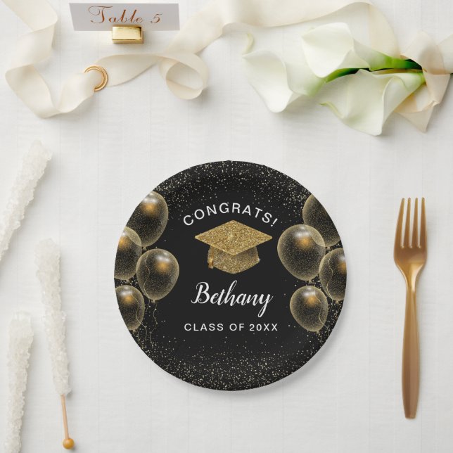 Congrats Grad Gold Confetti Balloons Graduation Paper Plates (Wedding)
