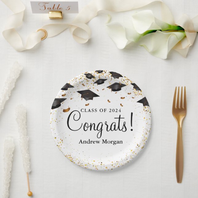 Congrats Grad Gold Confetti Graduation Caps Paper Plates (Wedding)