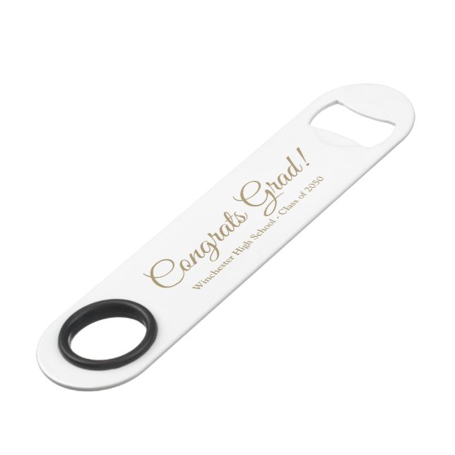 Congrats grad gold custom script text class year bar key (Front Angled)