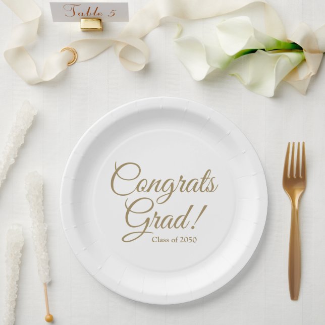 Congrats grad gold script class year elegant paper plates (Wedding)