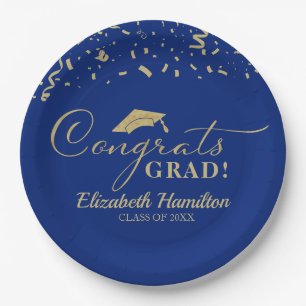 Congrats Grad Gold Script Graduation Party Blue Paper Plates