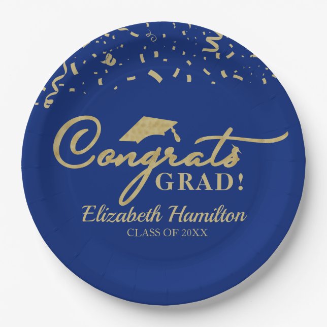 Congrats Grad Gold Script Graduation Party Blue Paper Plates (Front)