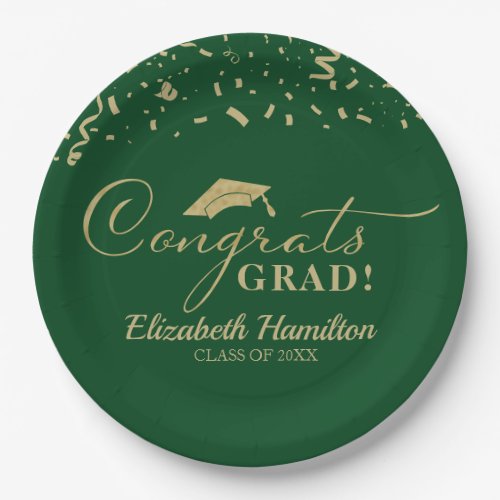 Congrats Grad Gold Script Graduation Party Green  Paper Plates