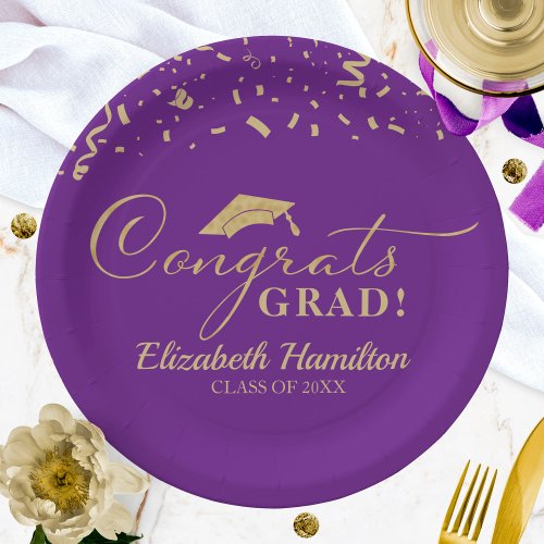 Congrats Grad Gold Script Graduation Party Purple Paper Plates