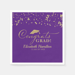Congrats Grad Gold Script Graduation Purple Napkins
