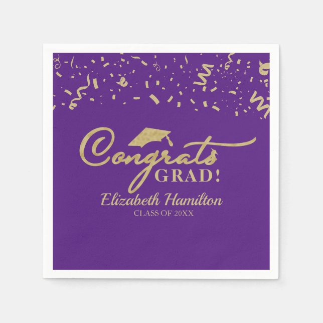 Congrats Grad Gold Script Graduation Purple Napkins (Front)
